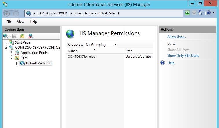 Screenshot of the I I S Manager Permissions pane. Under Name is the text C O N T O S O backslash john doe. Under Path is Default Web Site.