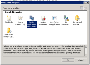 Screenshot of the Select Rule Template dialog box. Deploy Applications with Content is highlighted.