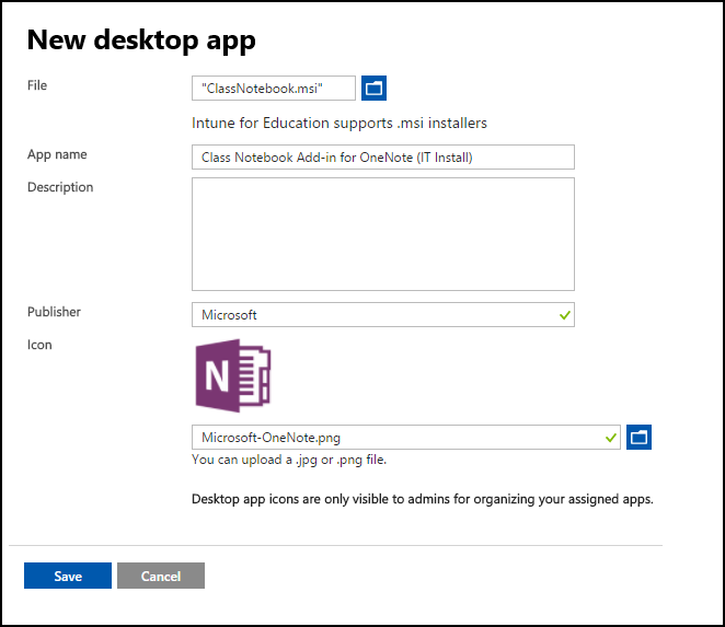 Obrazovka Přidat novou desktopovou aplikaci se všemi poli vyplněnými pro ukázkovou aplikaci Evernote.