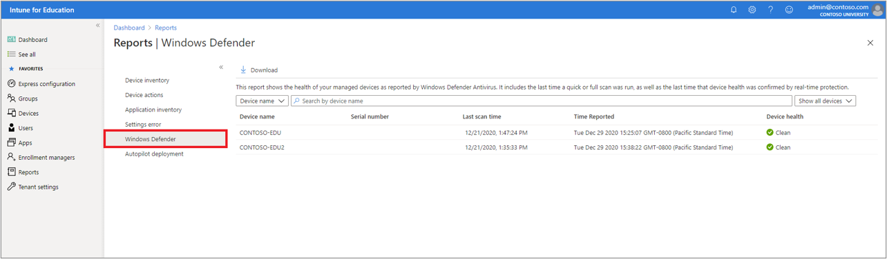 Obrazovka sestavy v programu Windows Defender zobrazující seznam zařízení hlášených antivirovou ochranou v programu Windows Defender.