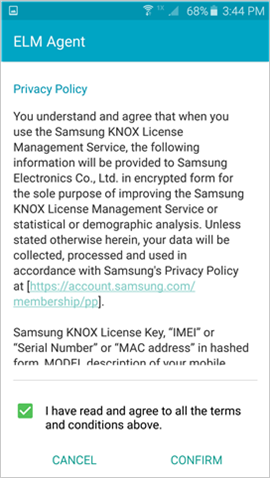 Příklad obrazovky se zásadami ochrany osobních údajů Samsung Knox, která se zobrazí během registrace.