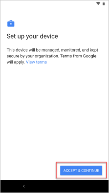 Příklad obrazovky Podmínek Google se zvýrazněním tlačítka Přijmout & Pokračovat