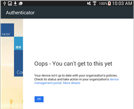 Ukázkový snímek obrazovky s chybovou zprávou aplikace Lookout for Work s odkazem na Portál společnosti web a modrým tlačítkem OK
