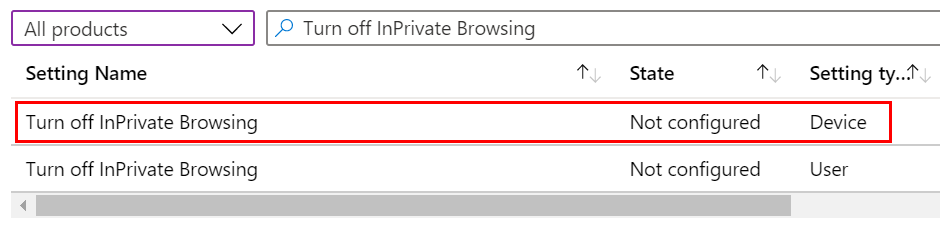 Snímek obrazovky, který ukazuje, jak vypnout zásady zařízení Procházení InPrivate v šabloně pro správu v Microsoft Intune