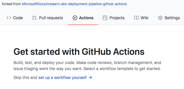 Screenshot that shows the Get started with GitHub Actions page on the GitHub website.