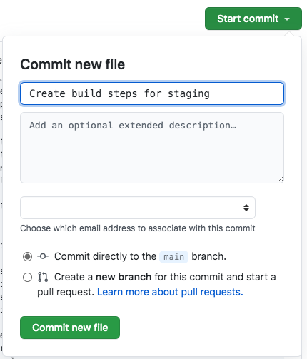 Screenshot that shows the Commit changes button in the Commit changes pane.