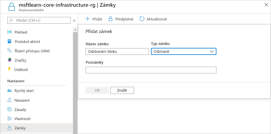 Screenshot of Azure portal showing a new delete resource lock being configured.