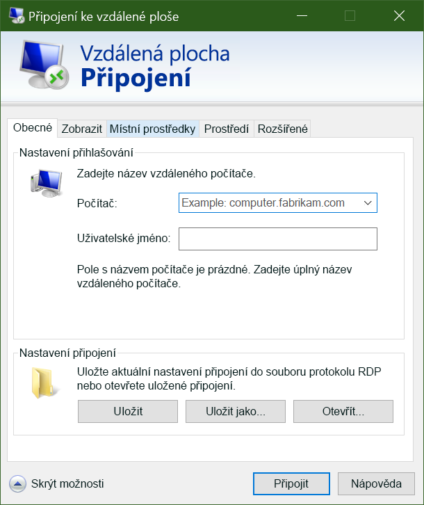 Snímek obrazovky uživatelského rozhraní klienta protokolu RDP