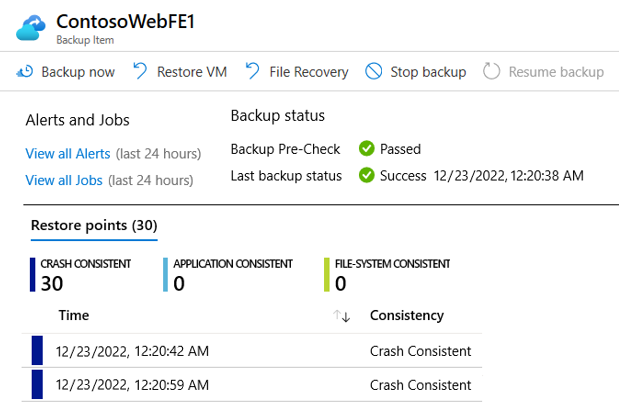 Snímek obrazovky znázorňující body obnovení v trezoru služby Recovery Services pro snímek virtuálního počítače v Azure Portal