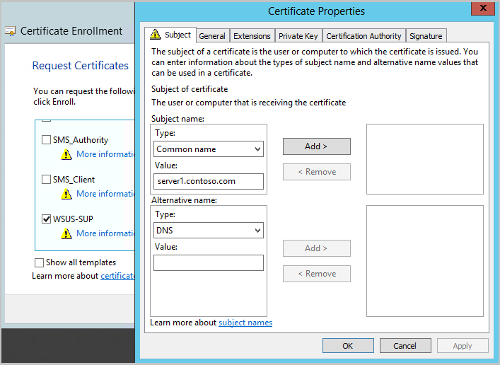 Okno vlastností certifikátu pro zadání dalších informací pro registraci