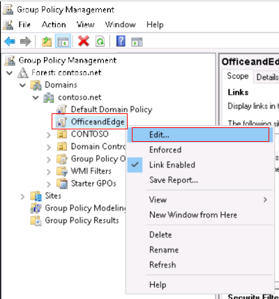 Snímek obrazovky, který ukazuje, jak kliknout pravým tlačítkem na zásady skupiny ADMX pro místní office a Microsoft Edge a vybrat Upravit