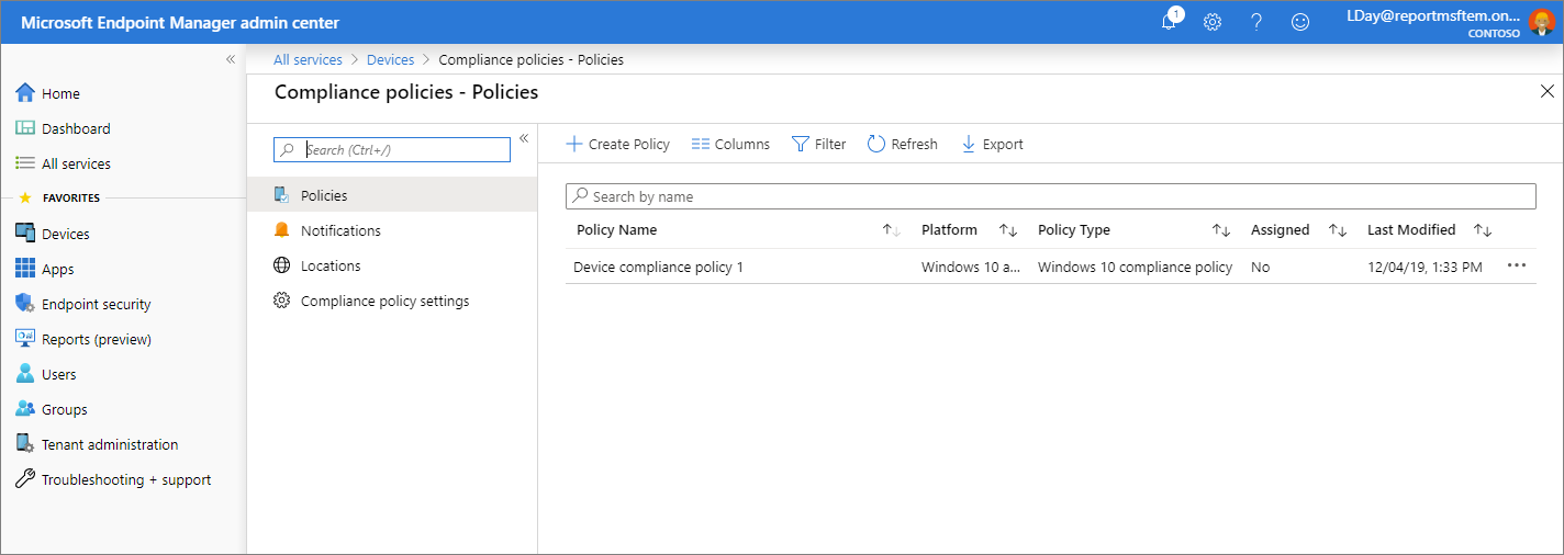 Snímek obrazovky centra Microsoft Endpoint Manager správy – zásady dodržování předpisů