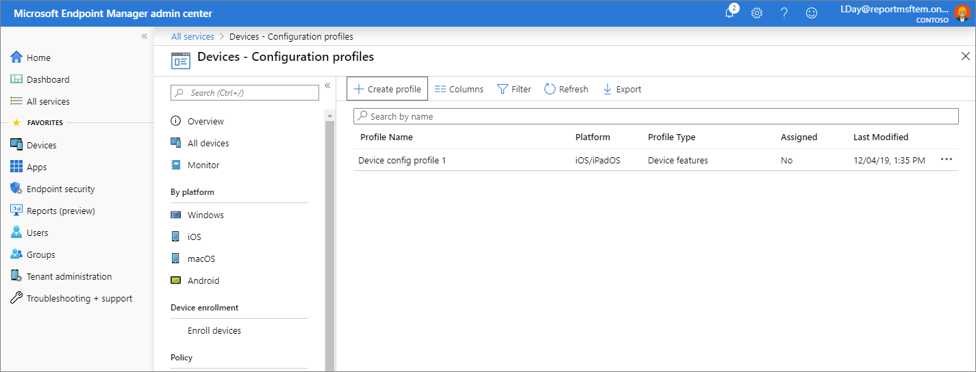 Snímek obrazovky centra Microsoft Endpoint Manager správy – profily konfigurace