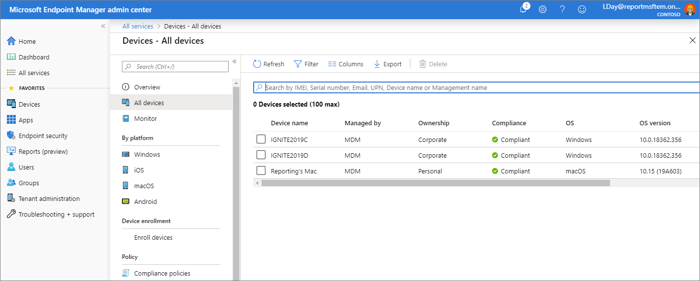 Snímek obrazovky centra Microsoft Endpoint Manager správy – Všechna zařízení