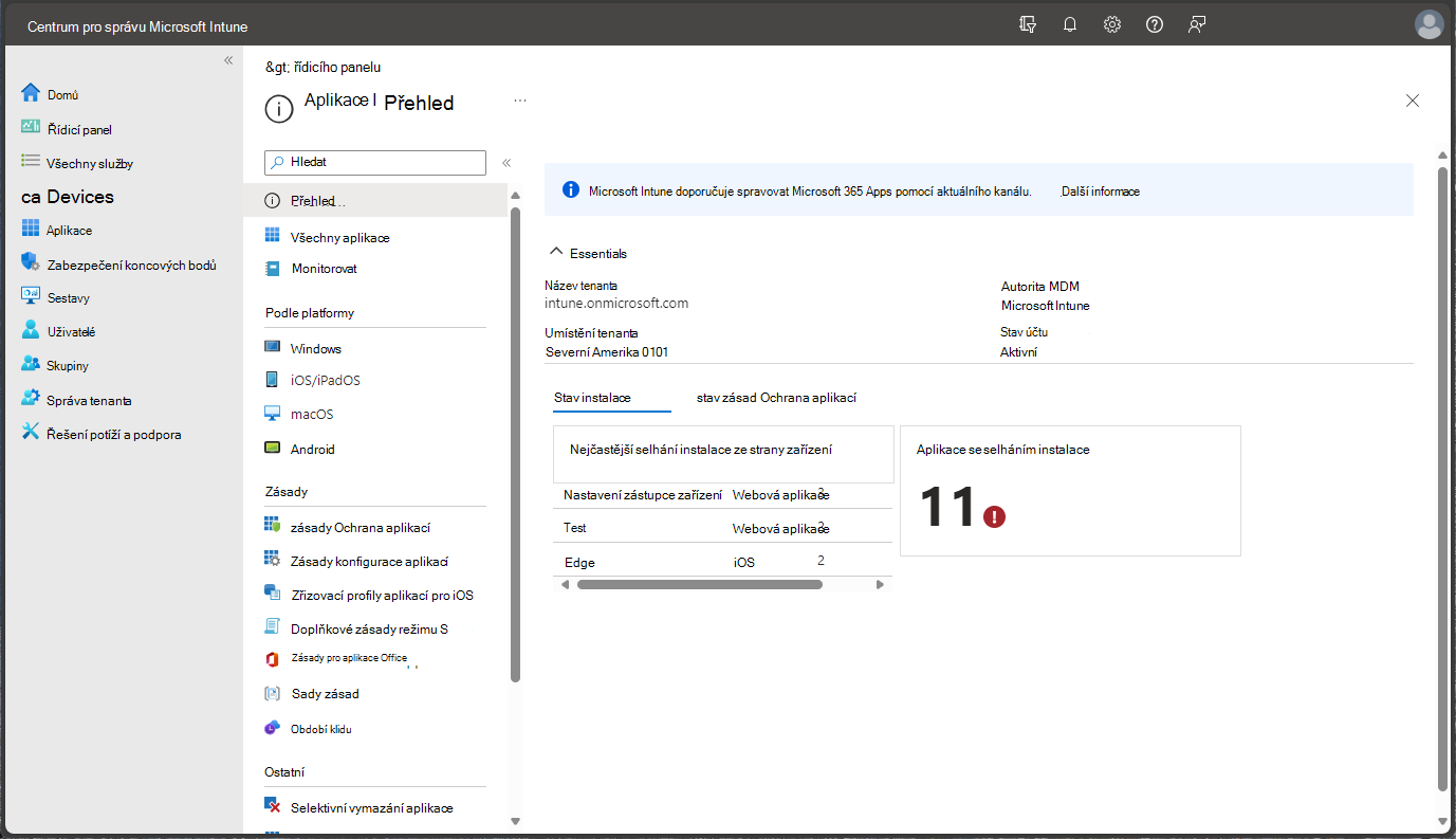 Snímek obrazovky centra Microsoft Endpoint Manager pro správu – Aplikace