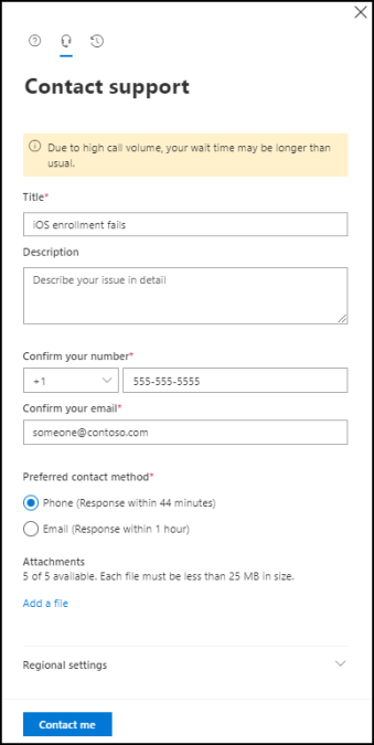 Snímek obrazovky znázorňující formulář kontaktní podpory v Centru pro správu Intune