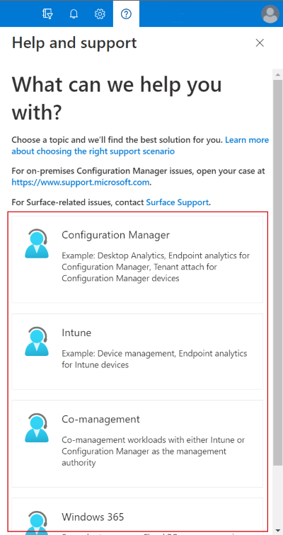 Snímek obrazovky znázorňující dostupné služby nápovědy a podpory ve vašem předplatném v Centru pro správu Microsoft Intune
