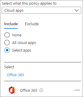 Snímek obrazovky Office 365 cloudové aplikace v zásadách podmíněného přístupu Microsoft Entra