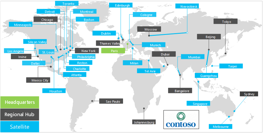 Contoso má pobočky po celém světě.
