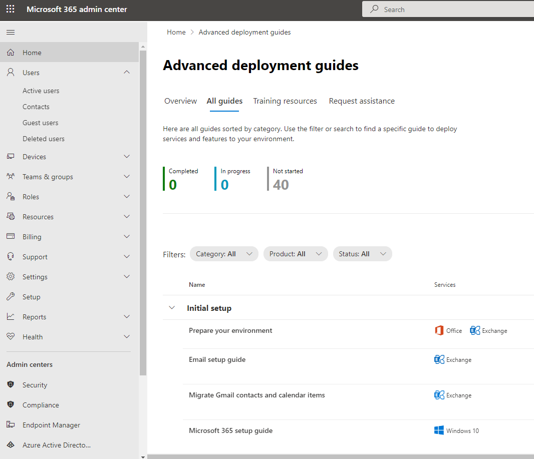 Screenshot of the Setup guidance page in the Microsoft 365 admin center