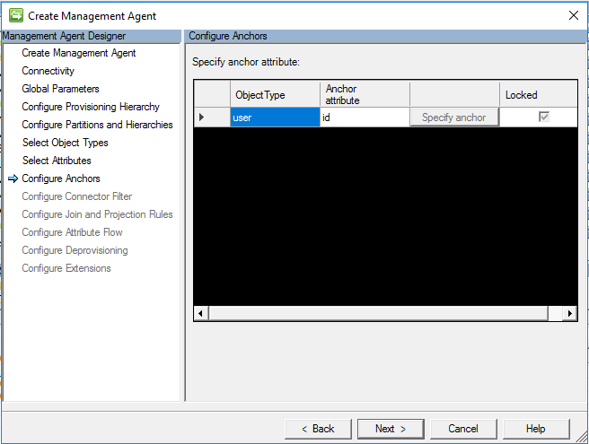 Snímek obrazovky s konfigurací ukotvení s typem objektu uživatele, atributem ukotvení i d a tlačítkem Další