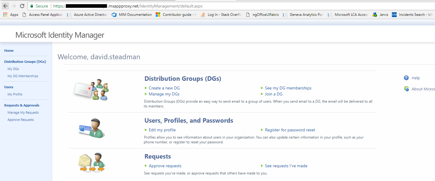 Snímek obrazovky s domovskou stránkou Microsoft Identity Manager
