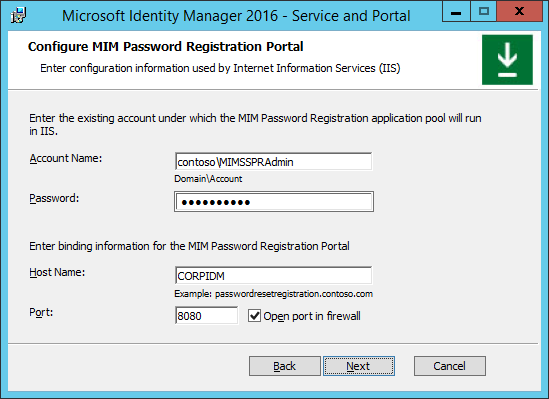 Obrázek konfigurace portálu MIM pro registraci hesel