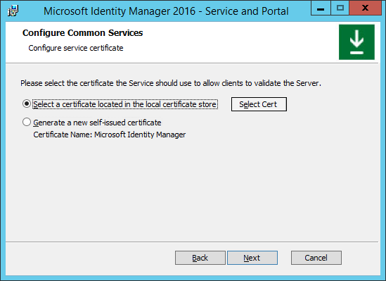 Obrázek konfigurace certifikátu služby