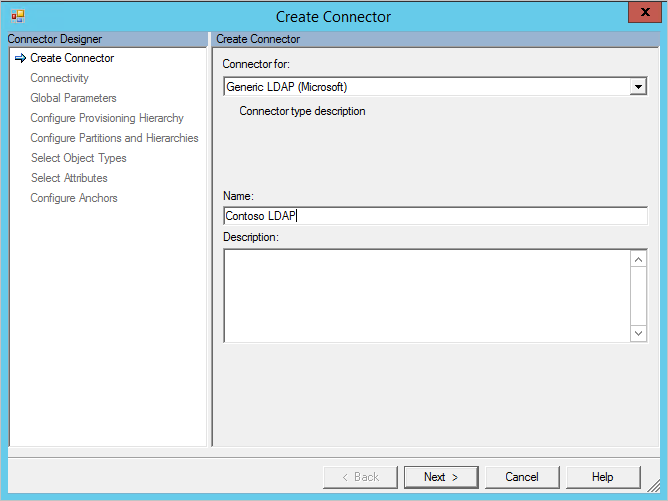 Uživatelské rozhraní MIM Sync pro vytvoření nového konektoru