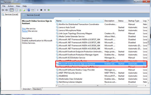 Snímek obrazovky s výběrem Pomocníka pro přihlášení ke službám Microsoft Online Services v okně Služby