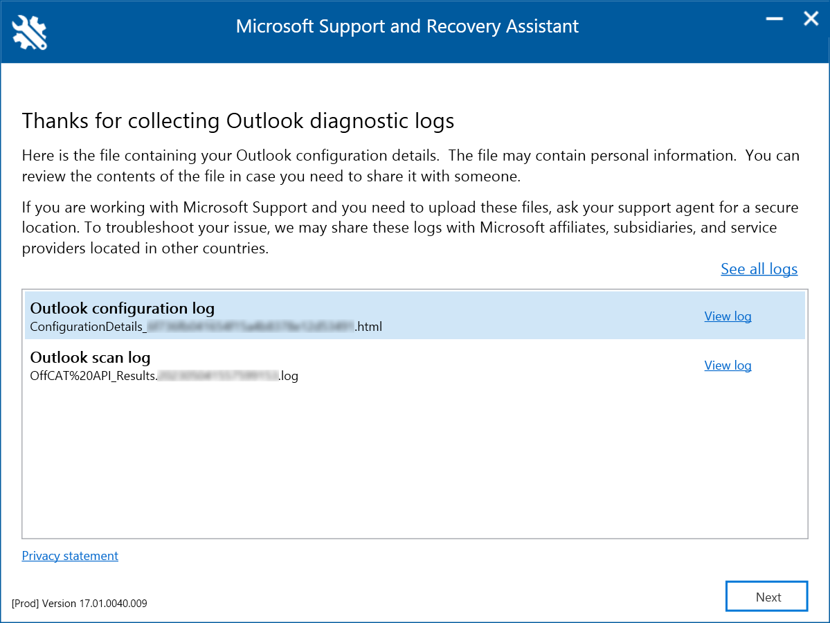 Snímek obrazovky s diagnostickými protokoly Outlooku