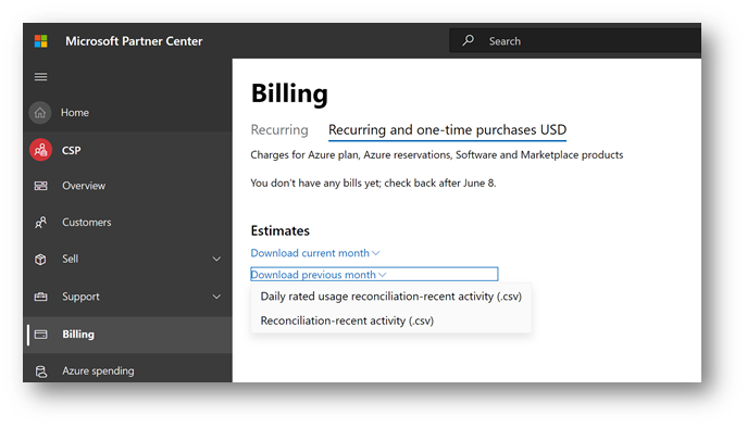 Screenshot of the Partner Center Billing tab highlighting recurring and one-time purchases.