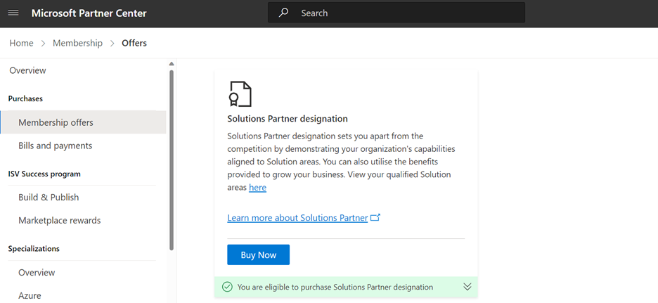 Snímek obrazovky se stránkou způsobilosti pro označení partnera řešení