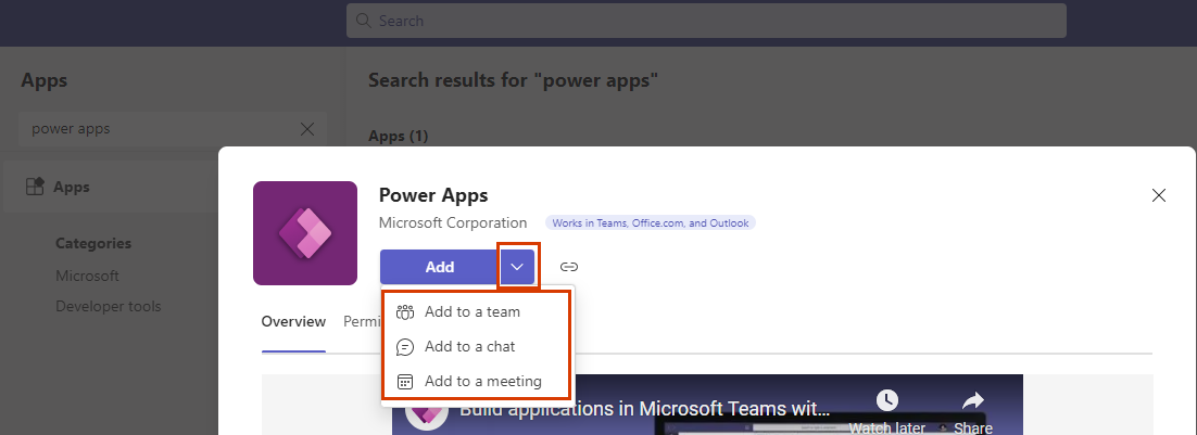 Screenshot stránky aplikace Power Apps v Teams s tlačítkem Přidat a zvýrazněnými možnostmi pro přidání.