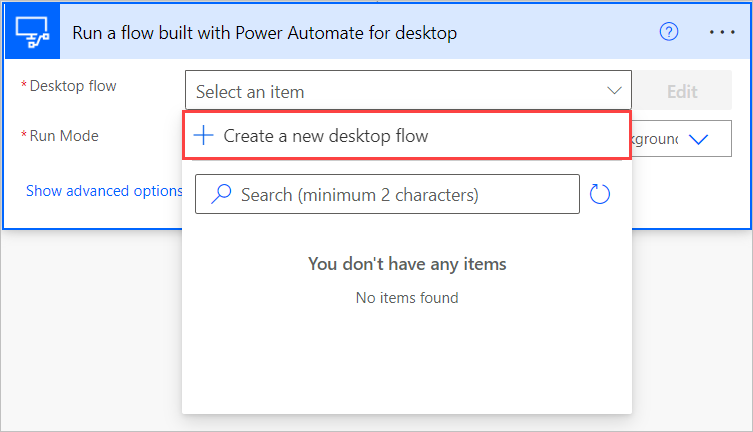 Screenshot možnosti v části Spustit tok vytvořený pomocí akce Power Automate pro desktopy.