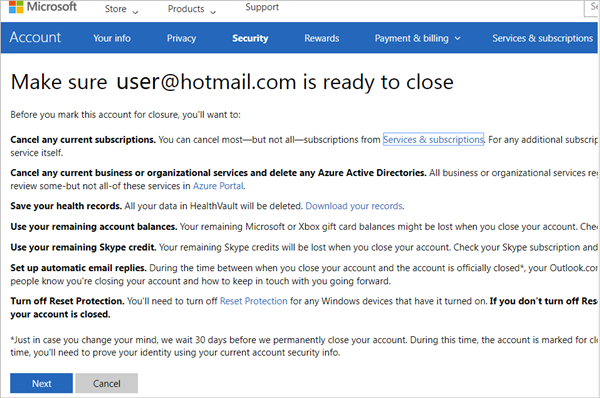 Snímek obrazovky stránky portálu uzavření účtu Microsoft.