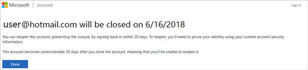 Snímek obrazovky stránky oznámení o uzavření účtu Microsoft.