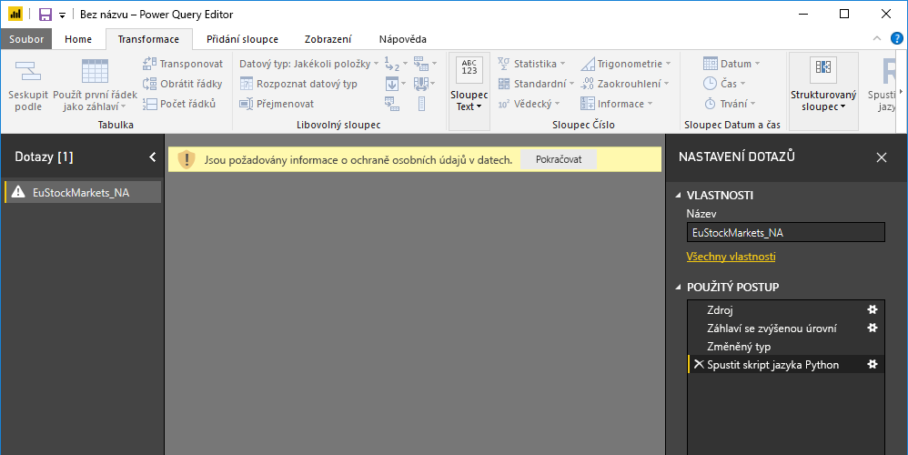 Screenshot of the Power Query Editor pane, showing the warning about data privacy.