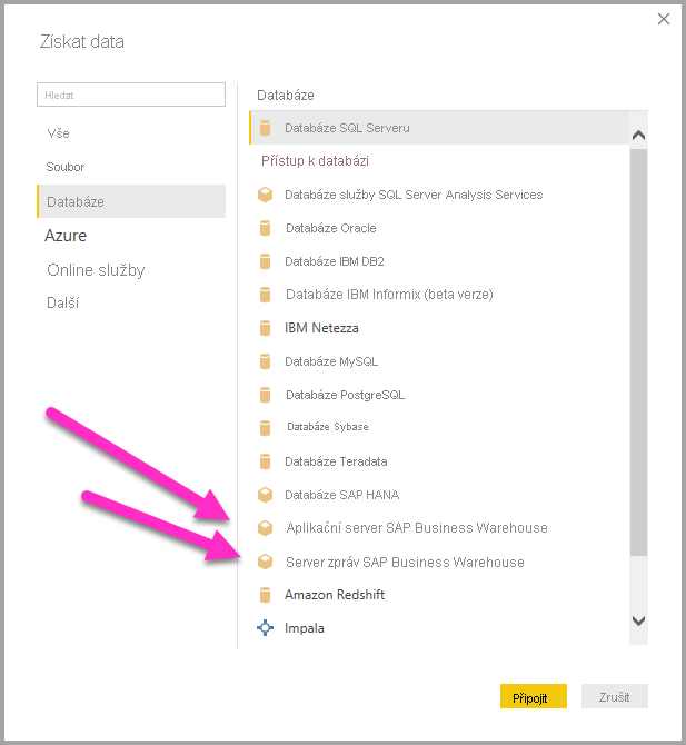 Snímek obrazovky znázorňující možnosti Získat data pro SAP
