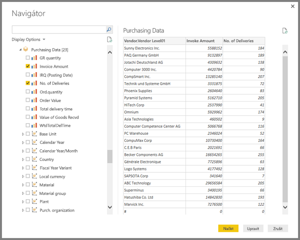 Snímek obrazovky s náhledem tabulky SAP na obrazovce Navigátor