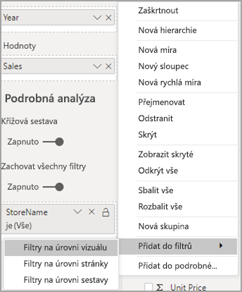 Screenshot of the options menu, highlighting Add to filters and Visual-level filters.