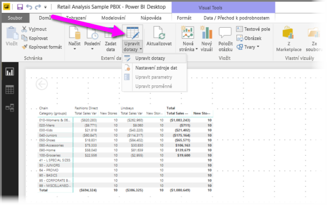 Screenshot of the Power BI Desktop with Transform data highlighted.