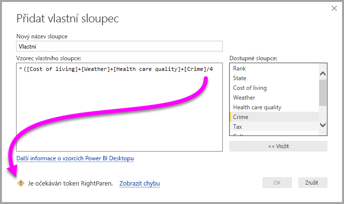 Screenshot of the Custom Column dialog box, highlighting the warning icon and error message.