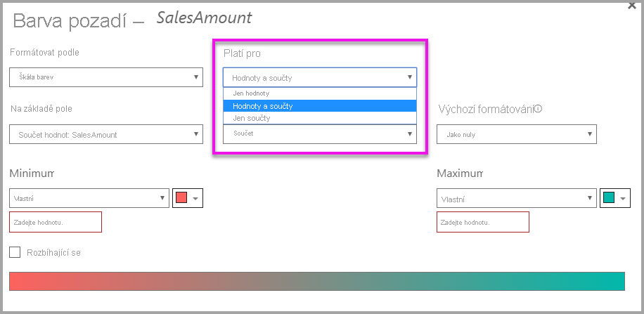 Conditional formatting dialog: Apply to dropdown is set to Values and totals.