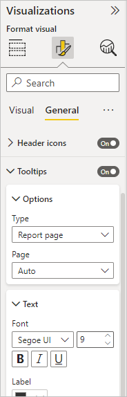Customize the tooltip in the Format pane in Power B I Desktop.