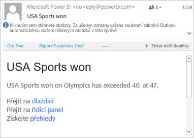 Screenshot of an example email with links to Power BI.