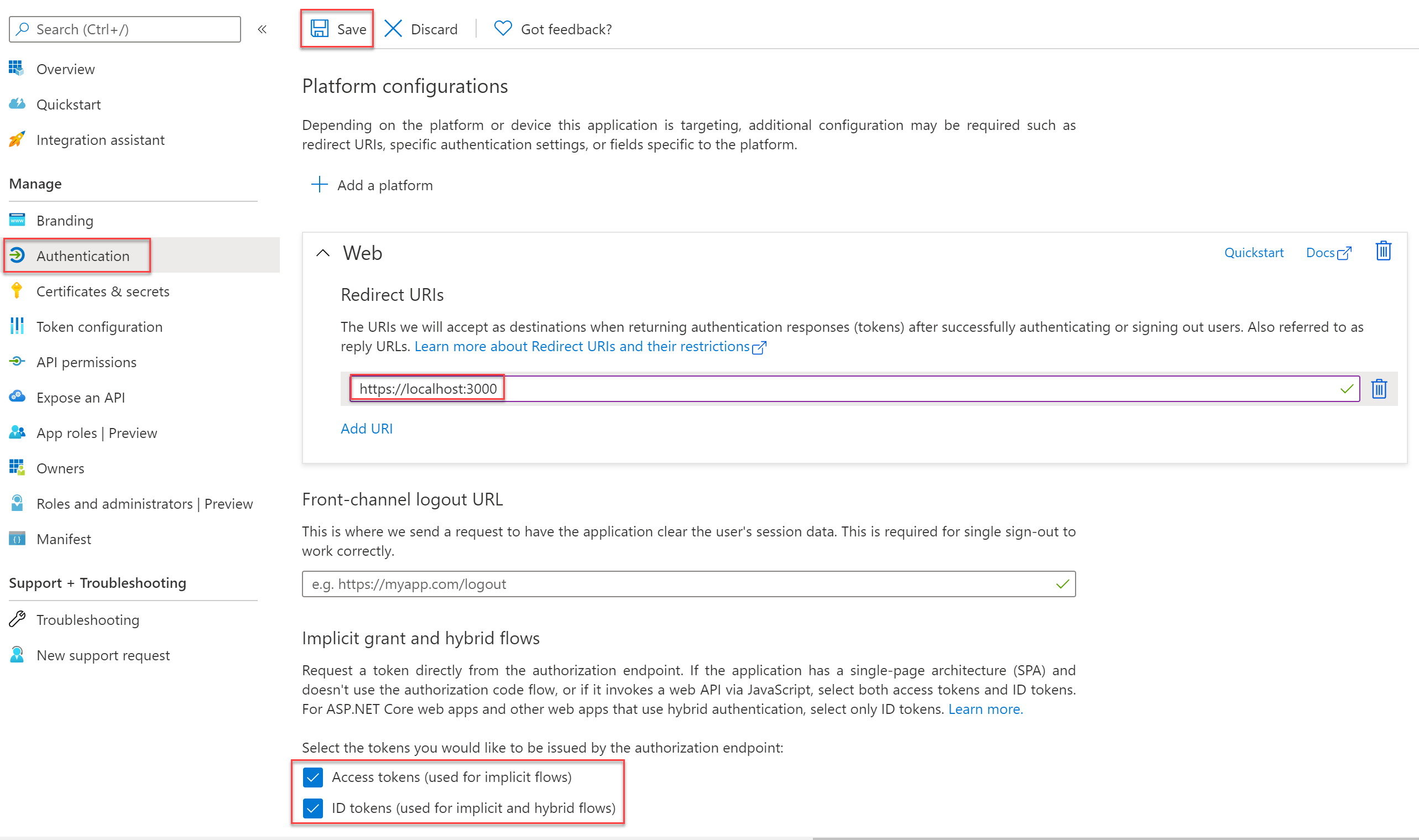 Screenshot showing the Azure AD app authentication configurations including the web redirect U R I set for localhost 3000.