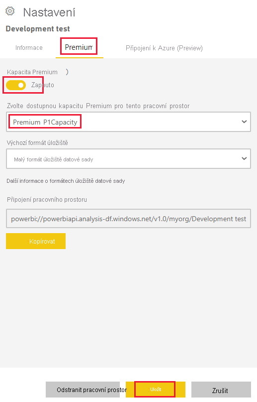 Screenshot of the premium settings of a workspace in the Power BI service. A selected capacity and the Save button are highlighted.