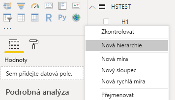 Screenshot shows the Power B I Desktop with New hierarchy selected in a contextual menu.