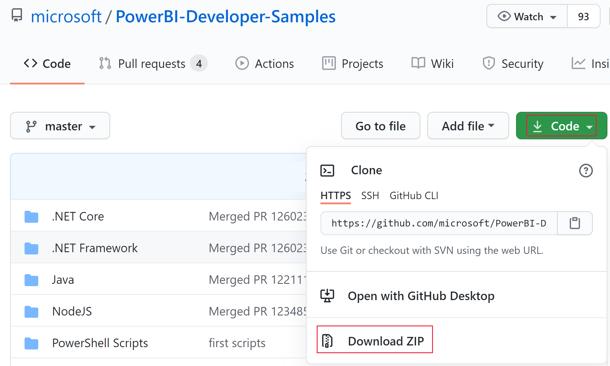A screenshot showing the ZIP download option in the Power B I developer samples GitHub